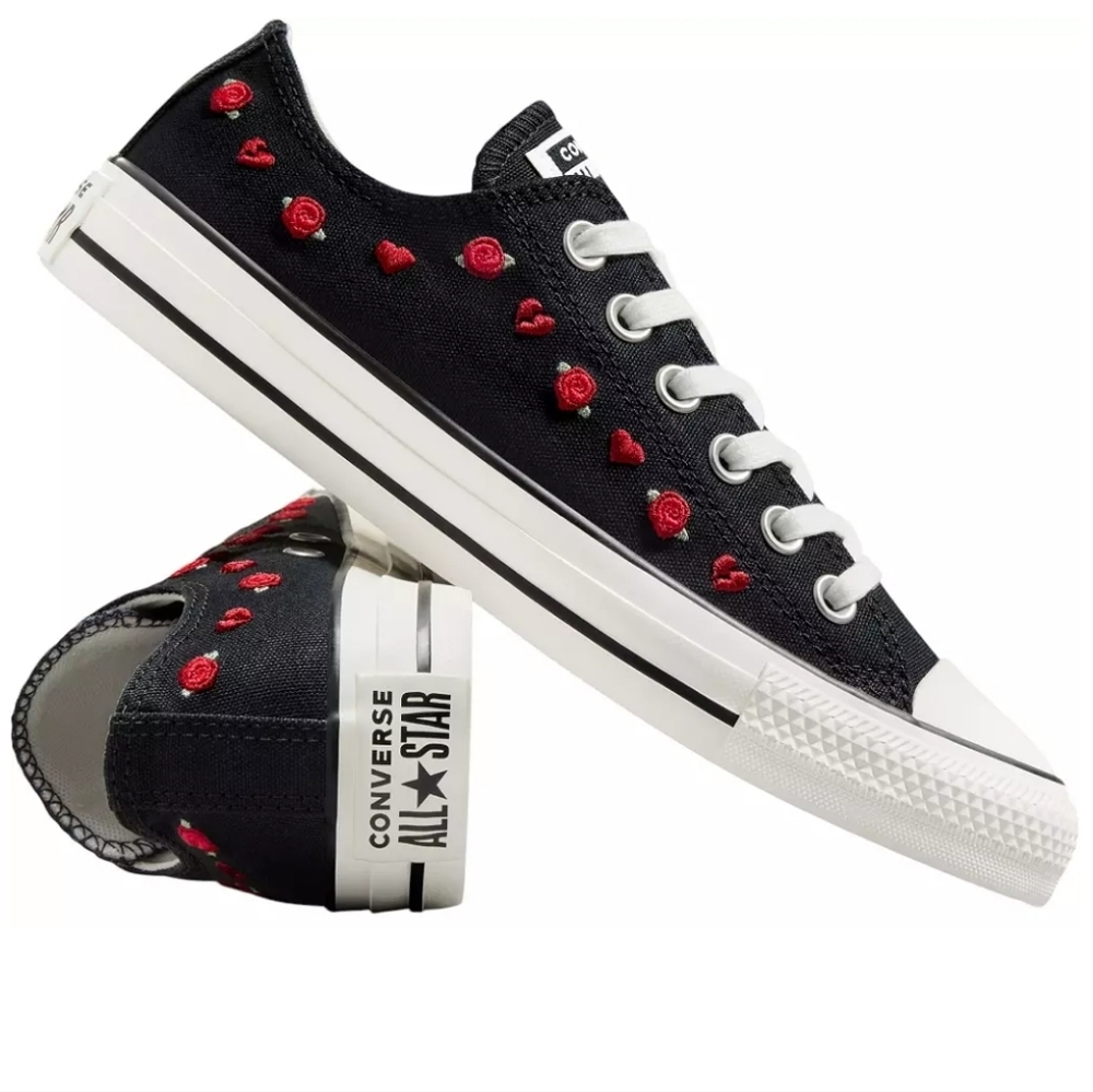 NEW Converse Black Canvas Shoes with Red Floral Design